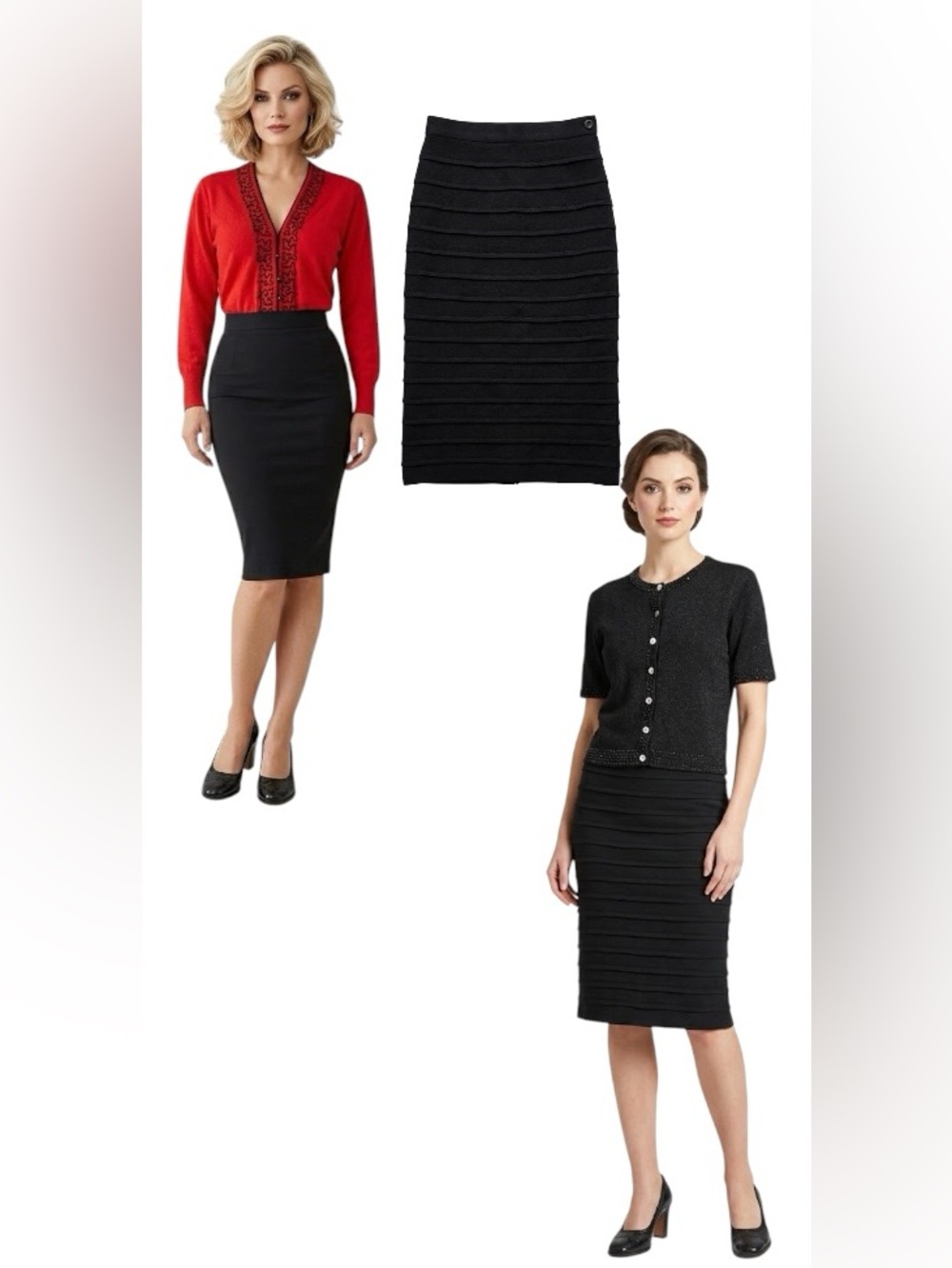 Vintage Neo Tiered Bandage Black Midi Pencil Wool Skirt Minimalist Office Siren